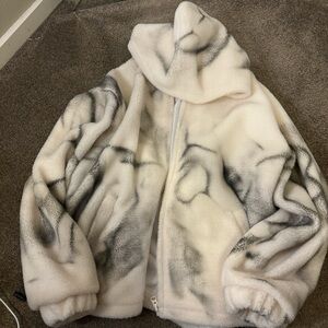 black and white marble faux sherpa jacket